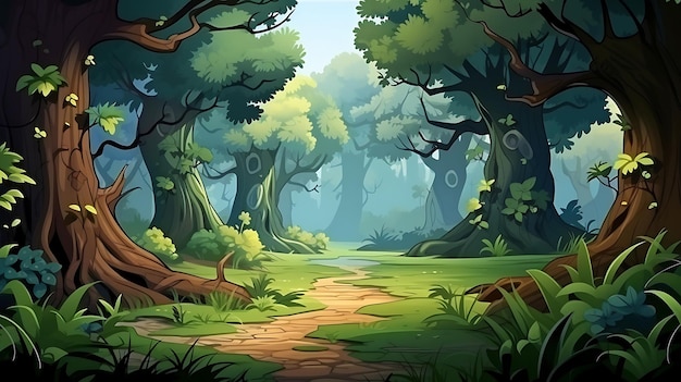 Mountain forest jungle trees cartoon background with a large open field