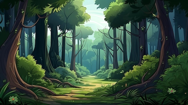 Mountain forest jungle trees cartoon illustration background