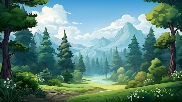 Mountain forest jungle trees cartoon illustration background