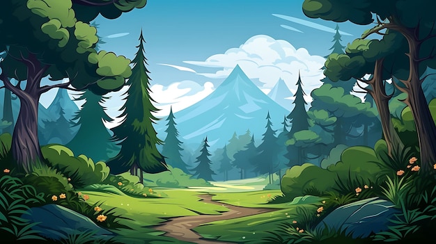 Mountain forest jungle trees cartoon illustration background