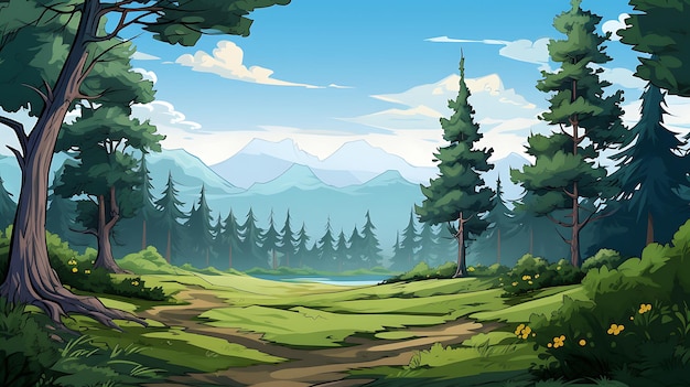 Mountain forest jungle trees cartoon illustration background