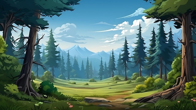 Mountain forest jungle trees cartoon illustration background