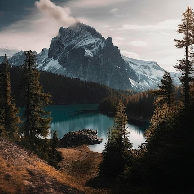 A mountain in the forest with a lake and a tree with snow on it