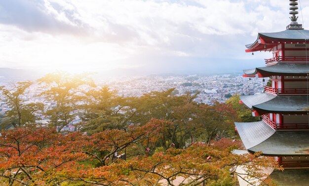 Mountain Fuji with Chureito pagoda with sunlight 