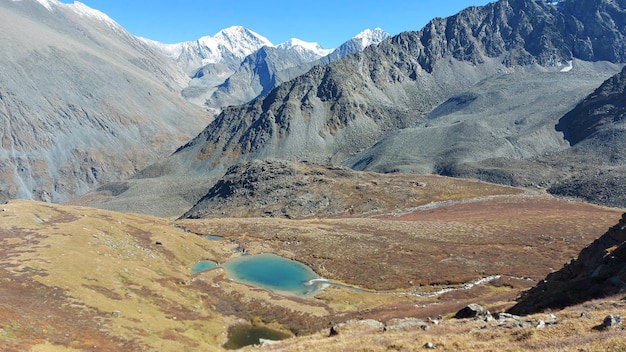 Mountain glacier lake Picturesque hidden location in the mountains Outdoors style vacation Adventure travel in the wildlife no people Mountain valley landscape aerial view stock photo