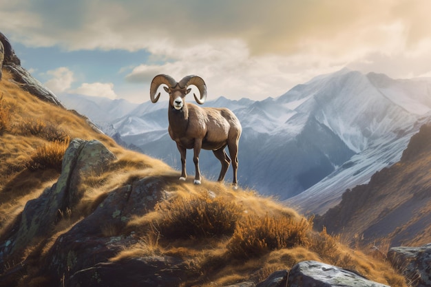 A mountain goat stands on a mountain top.