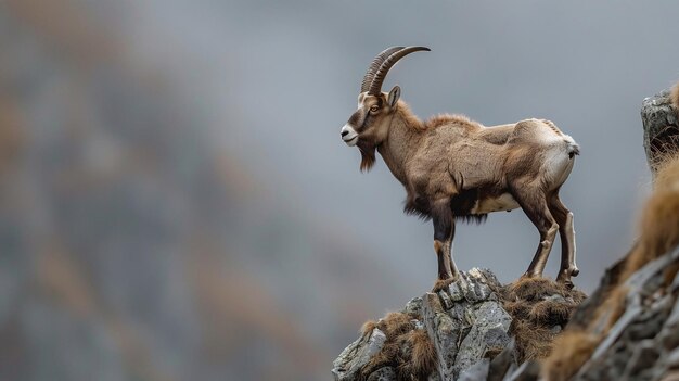 Photo a mountain goat with horns on a rock