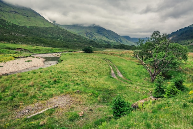 Mountain and green valley in a foggy day in Scotland