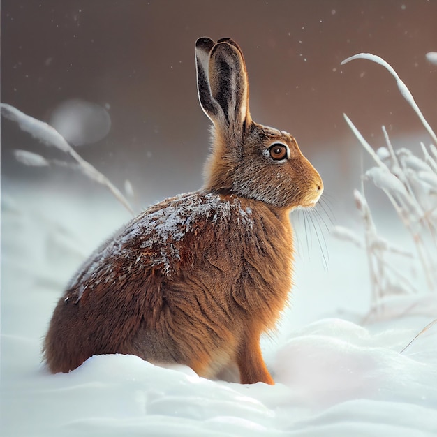 Mountain Hare on a snow Generative Ai