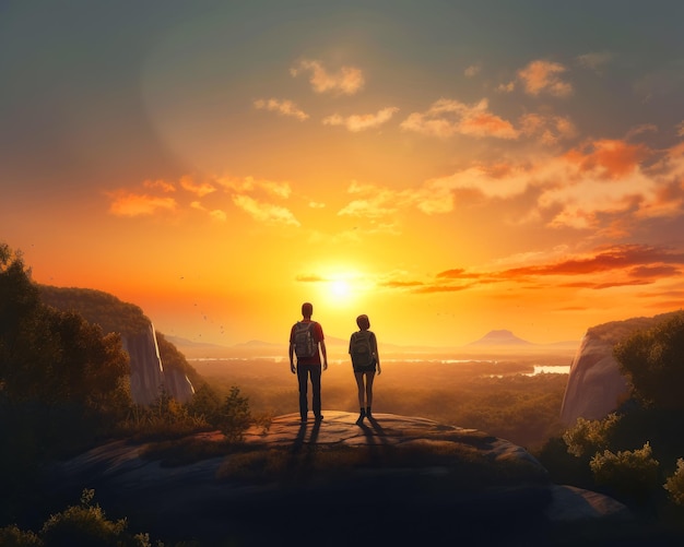 Mountain hiking in couple on sunset Two travelers outdoor standing Generative AI