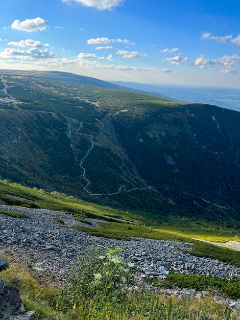 Mountain hiking trail lined with stones in Poland climbing Sniezka Mountain