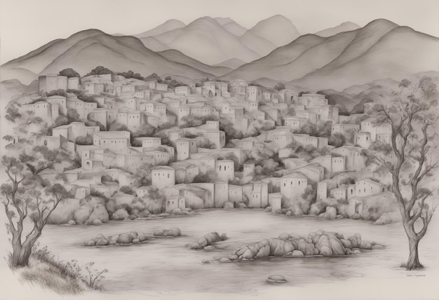 mountain and houses landscape drawn in pencil Ai Generated