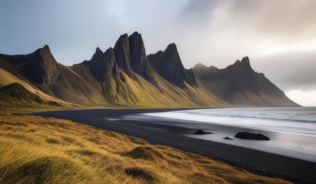 a mountain is in the background and the grass is green and brown