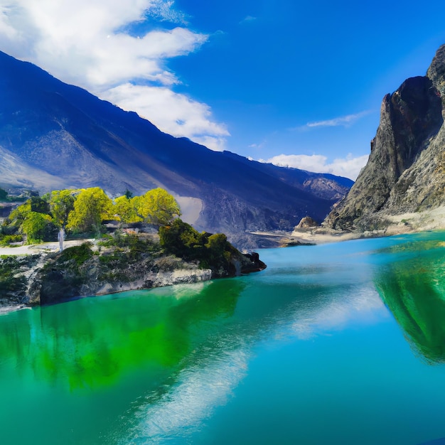 A mountain is in the background with a blue lake and a house on the left side.