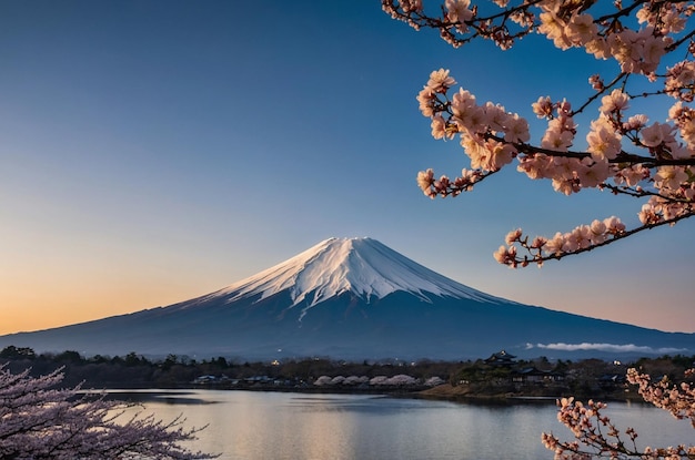 a mountain is in the background with cherry blossoms