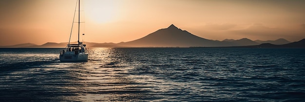 A mountain is in the background with the sun setting behind it.