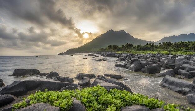 a mountain is in the background with a sunset in the background