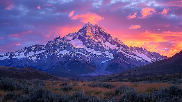 a mountain is covered in snow and has a pink sunset in the background