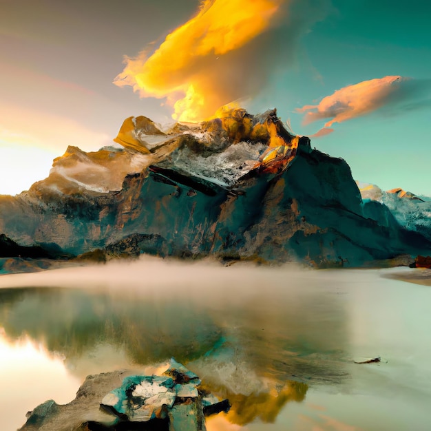 A mountain is in the foreground with a blue sky and a mountain in the background.