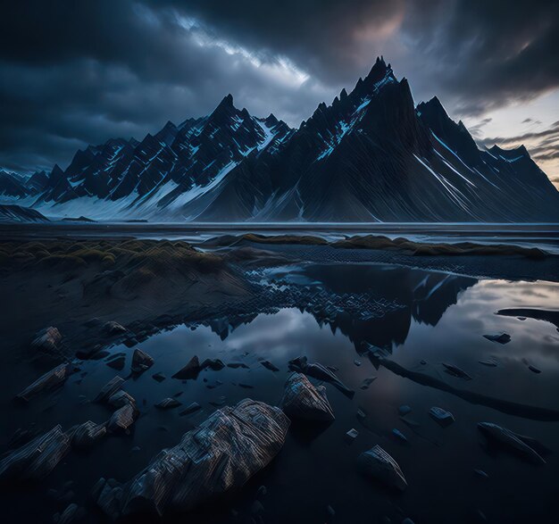 A mountain is reflected in a lake with a cloudy sky in the background.