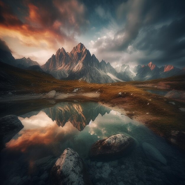 A mountain is reflected in a lake with a cloudy sky in the background.