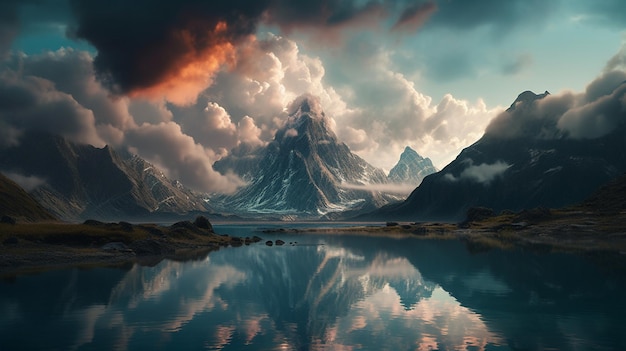 A mountain is reflected in a lake with a cloudy sky