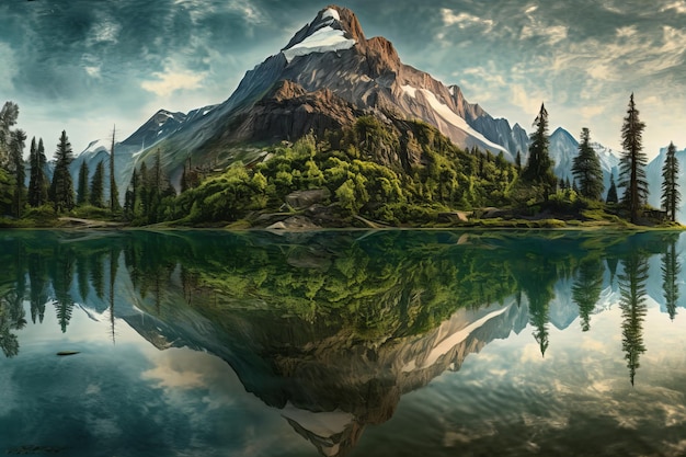 A mountain is reflected in a lake with a cloudy sky.