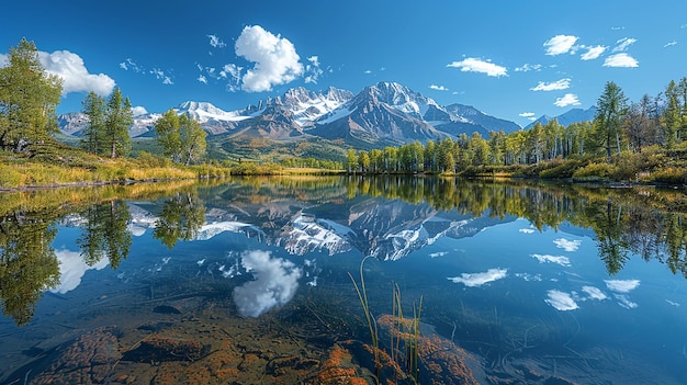 a mountain is reflected in a lake with a mountain in the background