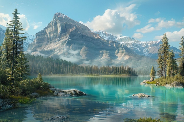 a mountain is reflected in a lake with a mountain in the background