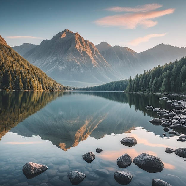 a mountain is reflected in a lake with a mountain in the background