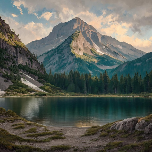 mountain is reflected in a lake with a mountain in the background