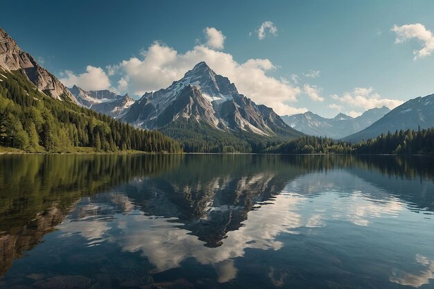 a mountain is reflected in a lake with a mountain in the background