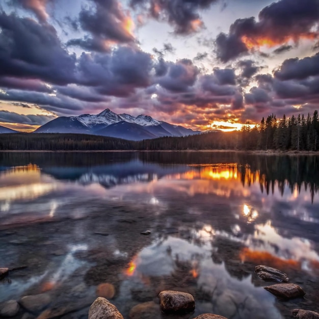 Photo a mountain is reflected in a lake with a mountain in the background