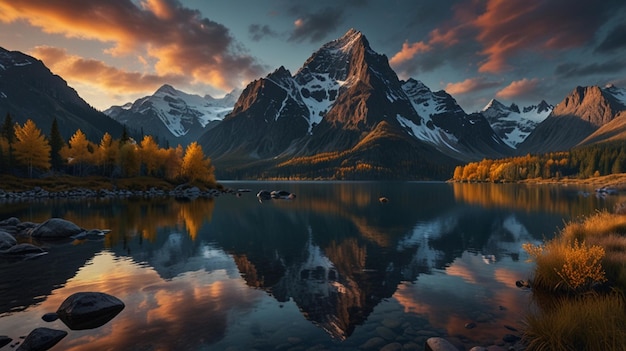 Photo a mountain is reflected in a lake with a mountain in the background