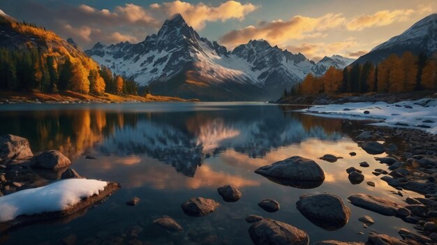 Photo a mountain is reflected in a lake with a mountain in the background