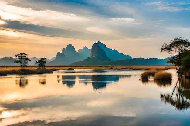 A mountain is reflected in a lake with mountains in the background.