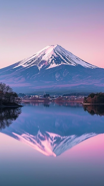 a mountain is reflected in a lake with a pink sky in the background