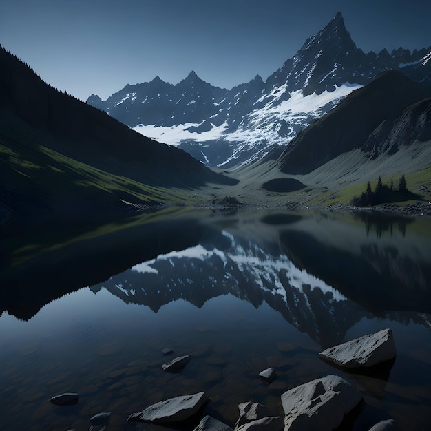 A mountain is reflected in a lake with a snowy mountain in the background.