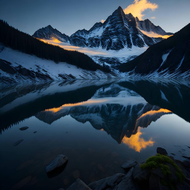 A mountain is reflected in a lake with the sun setting behind it.