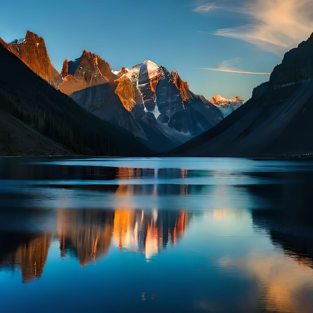 A mountain is reflected in a lake with the sun setting on the mountain.