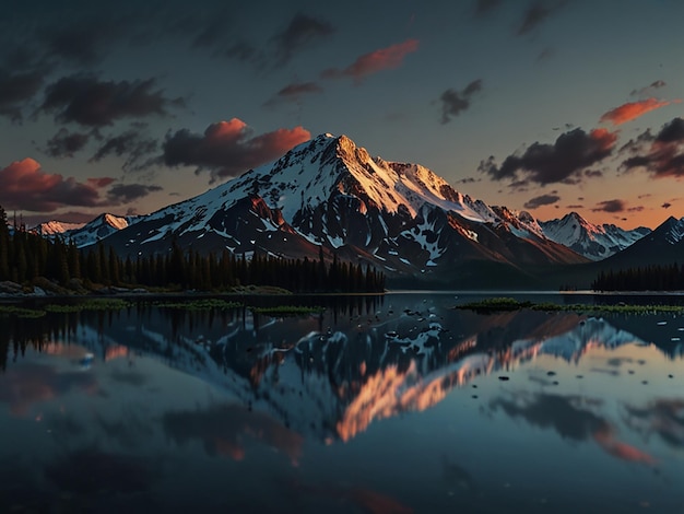 Photo a mountain is reflected in a lake with a sunset in the background