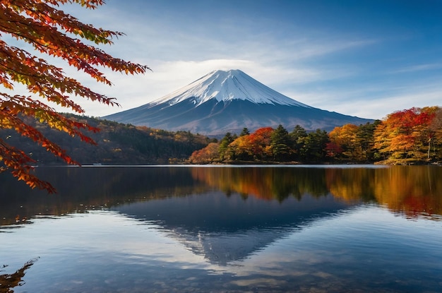 a mountain is reflected in a lake with a tree in the foreground