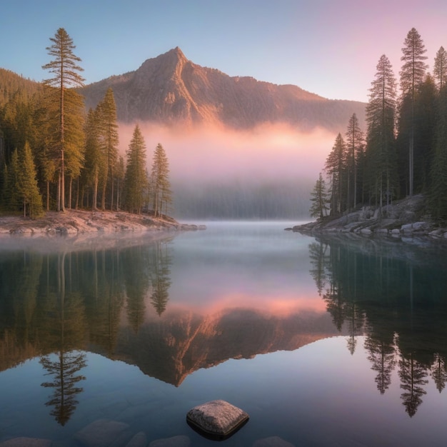 a mountain is reflected in a lake with trees and mountains in the background