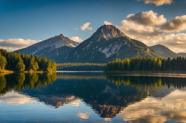 Photo a mountain is reflected in a lake with trees and mountains in the background