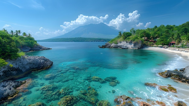 Photo a mountain is seen above the water with a mountain in the background