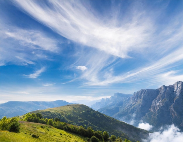 Photo a mountain is shown with a blue sky and a green field