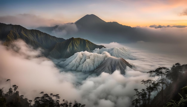 a mountain is surrounded by clouds and mountains