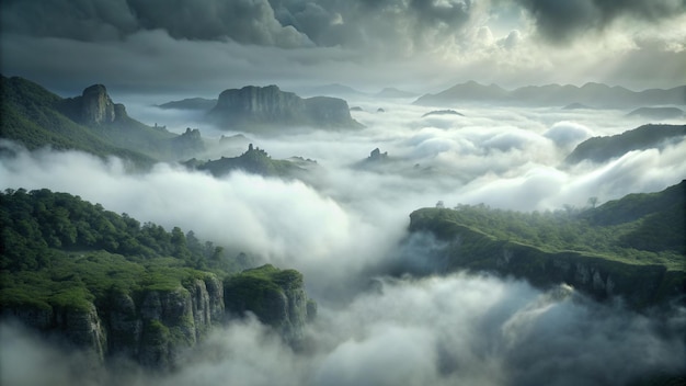 a mountain is surrounded by fog and trees