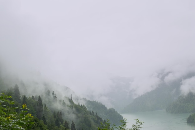 Mountain lake in the fog