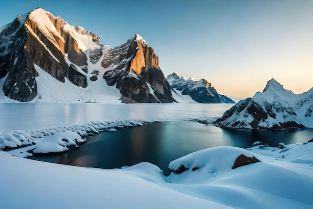 A mountain lake is covered in snow and the mountains are covered in snow